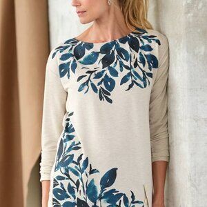 Pure J Jill Womens French Terry Beige Blue Block Print Top Medium Casual Quality